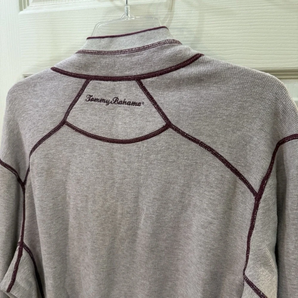 Tommy Bahama Sweater Mens Large Preppy‎ Logo Plum Gray 1/4 Zip Reversible